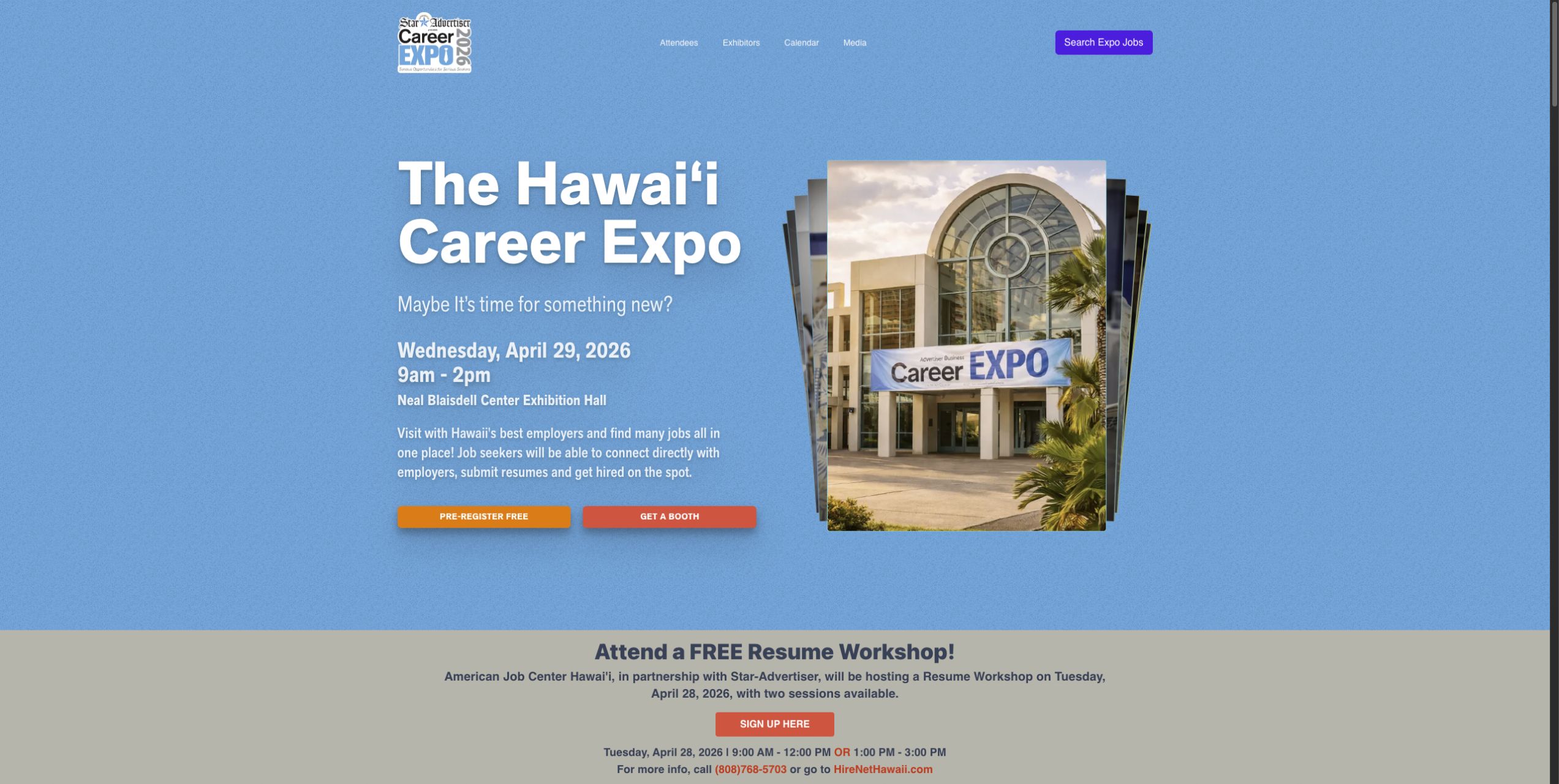 Hawaii Career Expo website with its blue homepage and event photo gallery