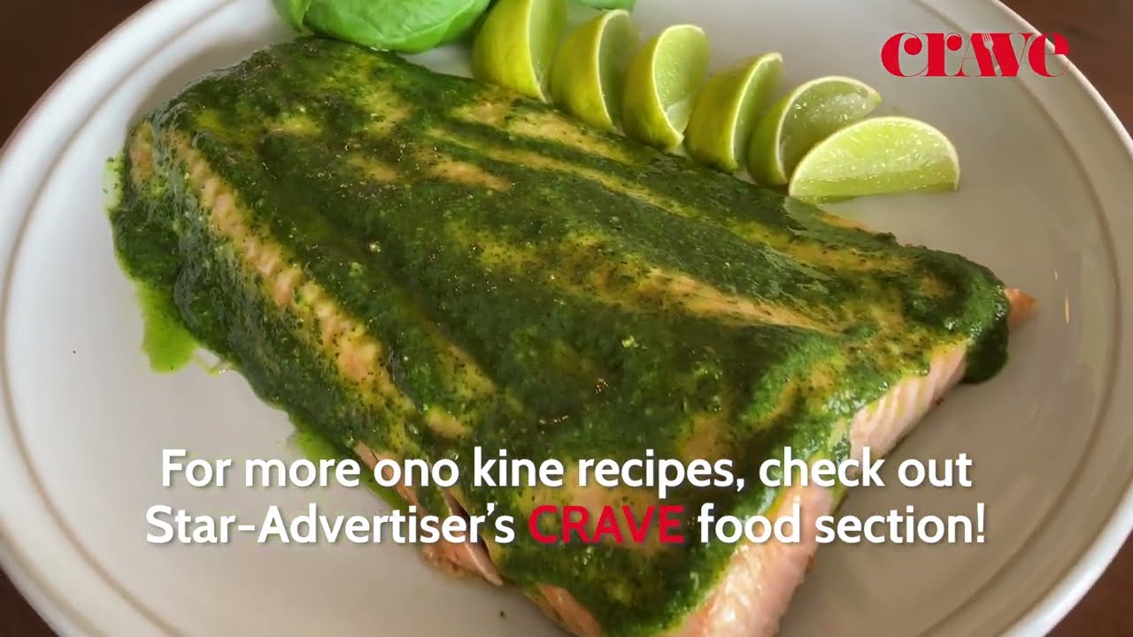 CRAVE recipe video thumbnail featuring pesto baked salmon