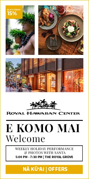 Royal Hawaiian Center half-page placement concept with shopping, dining, and entertainment imagery