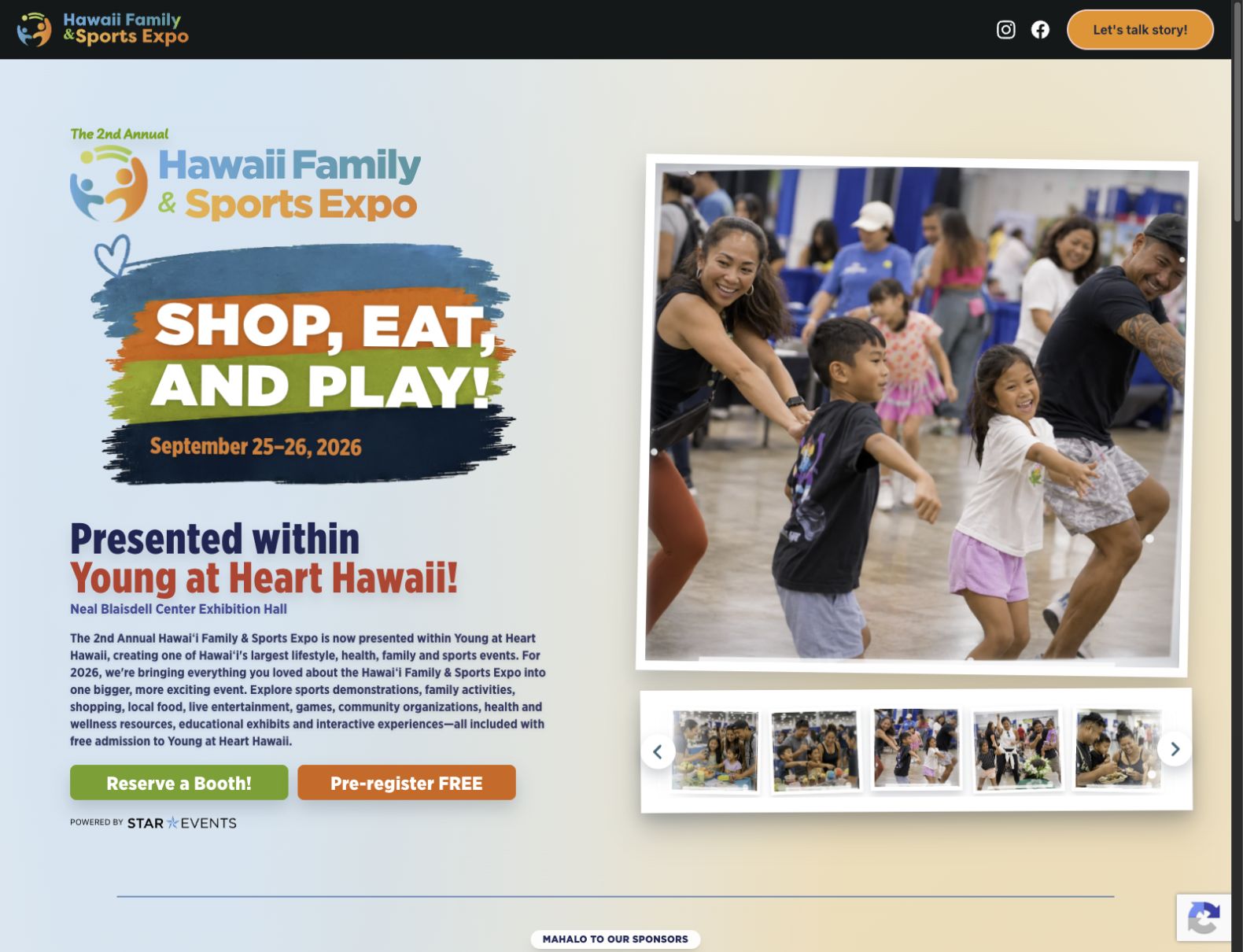 Current Hawaii Family and Sports Expo homepage with colorful event lettering and an expo photo gallery