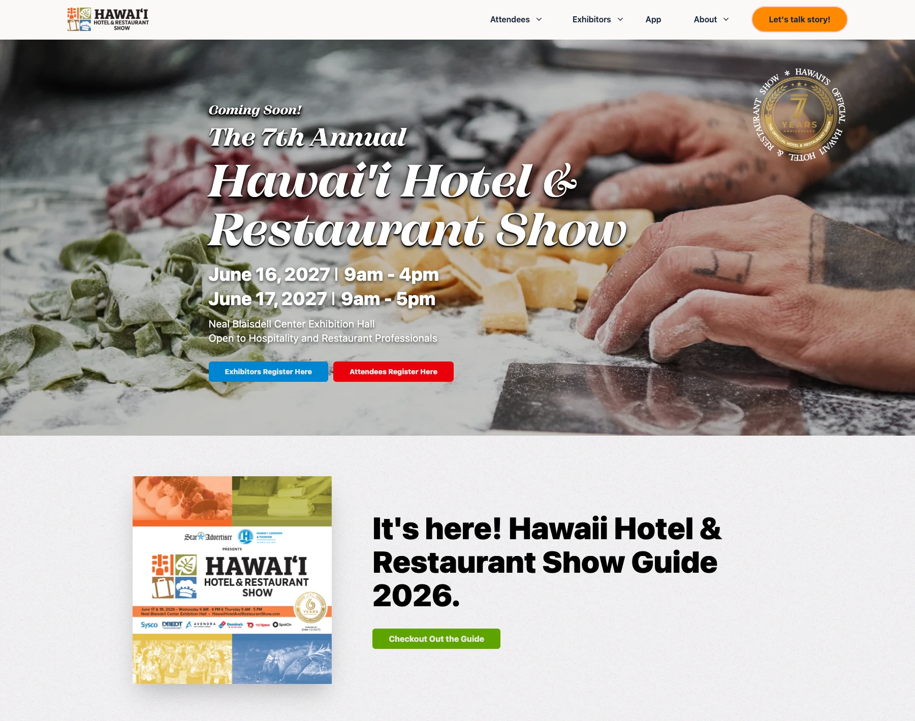 Hawaii Hotel and Restaurant Show homepage with a pasta-making hero image, 2027 event details, and the 2026 show guide