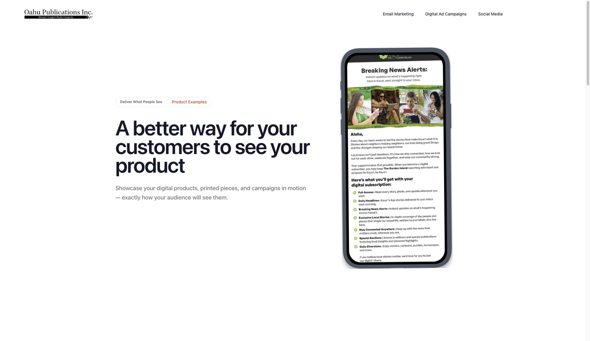 OPI web showcase homepage presenting digital campaign examples in a phone mockup