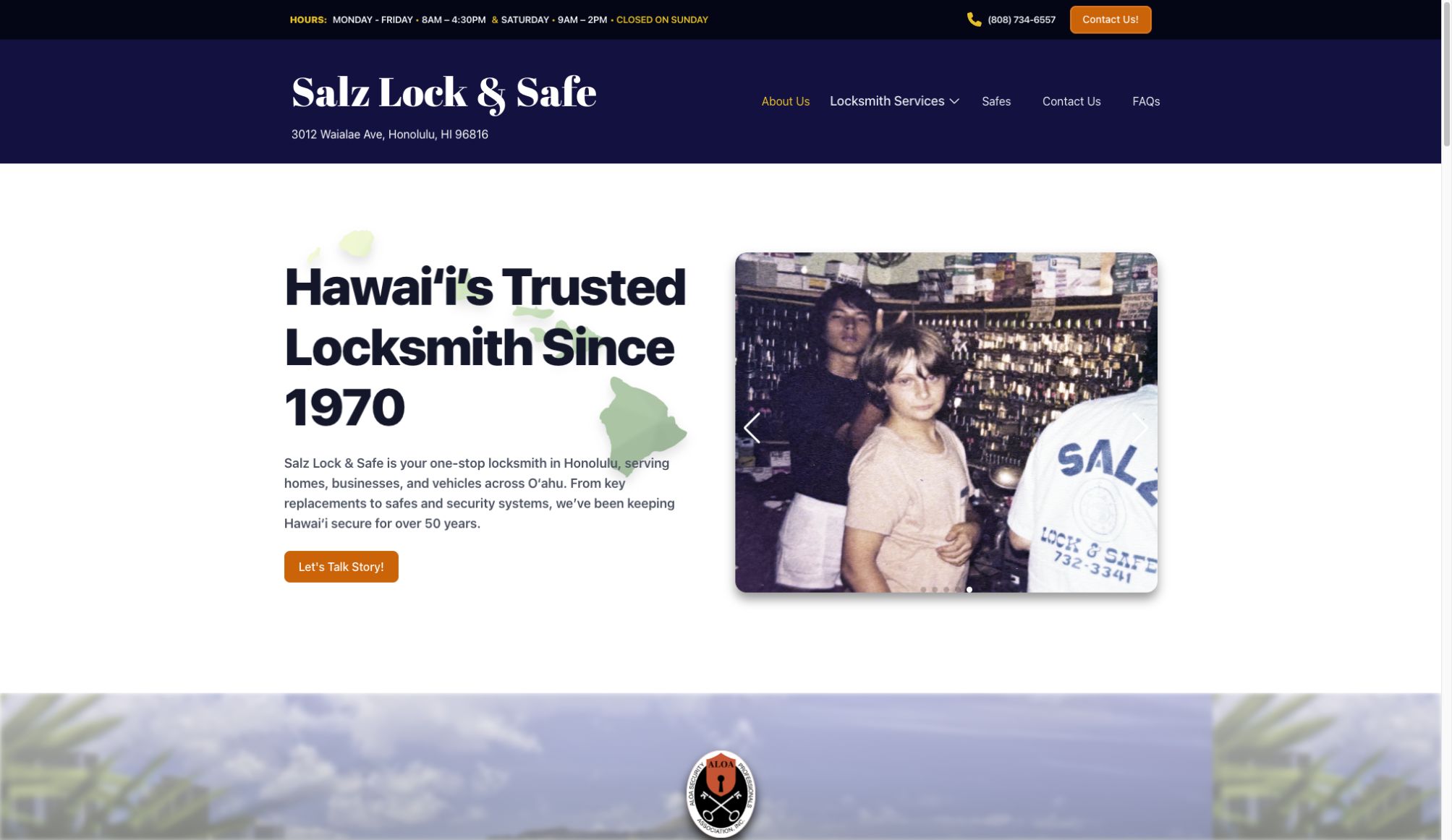 Salz Lock and Safe homepage with its locksmith services headline and historic shop photos